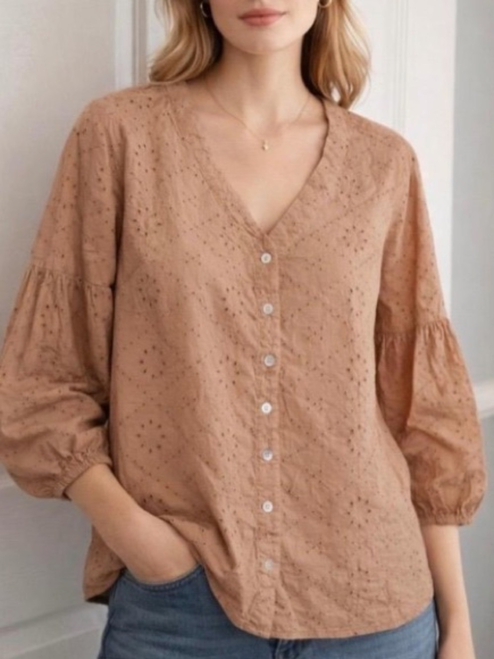 J.Jill Eyelet Button Front Top Terracotta Brown
Cotton Blouse Size Small.